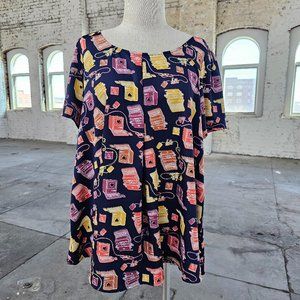 Modcloth Typewriter Print Navy Blue Blouse 2XL